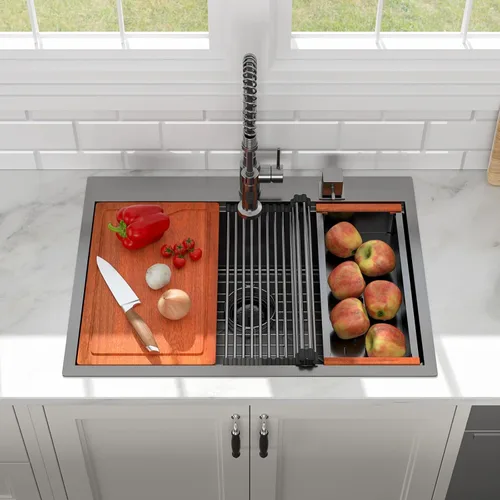 Miniatura 2 de Fregadero de cocina negro de 30"x19", estación de trabajo con revestimiento nano, acero inoxidable 304 calibre 16, hecho a mano, montaje superior