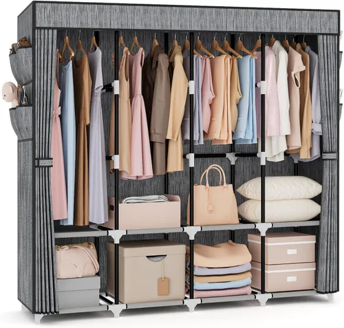 Miniatura 10 de VTRIN Armario Guardarropa Portátil para Colgar Ropa con 2 Varillas para Colgar y 8 Estantes Organizadores de Almacenamiento, Armario Grande