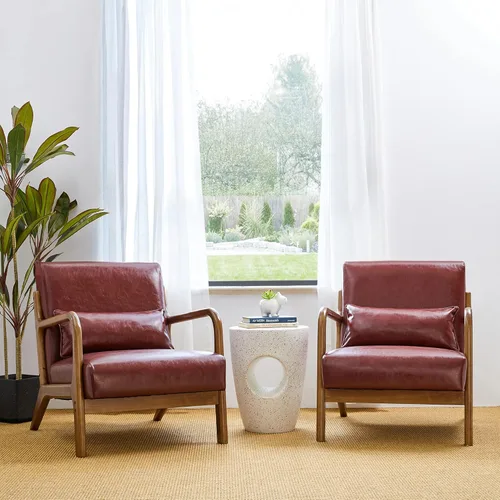 Miniatura 15 de Glitzhome Sillón Accent de mediados de siglo en verde cazador, sillón de lectura individual de cuero PU con marco de nogal y ruberwood Pu verde.