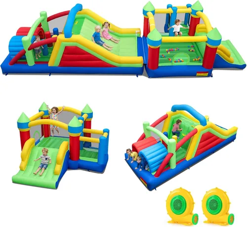 BOUNTECH Casa de rebote inflable con obstáculos, enorme castillo hinchable seccional para niños grandes de 3 a 12 años con toboganes dobles,