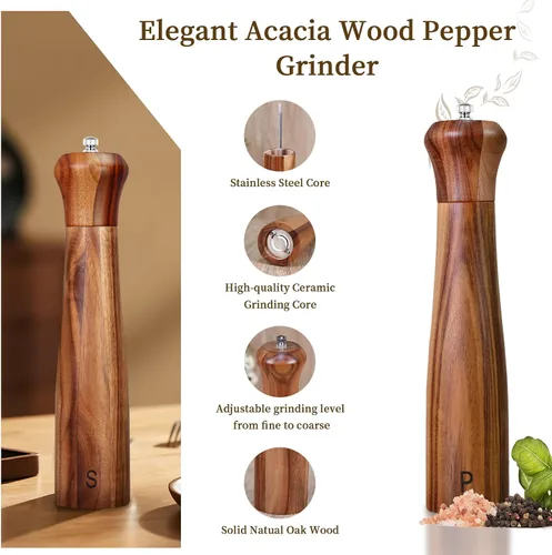 Miniatura 6 de Paquete de 2 Molinillos de Sal y Pimienta de Madera de Acacia de 10 Pulgadas, Molinos Manuales de Sal y Pimienta, Molinillo de Sal Rellenable con 10