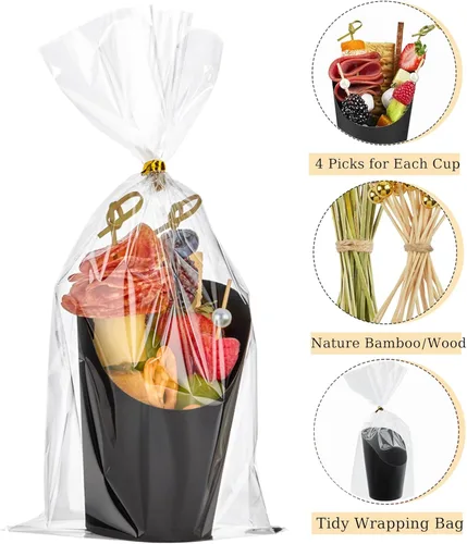 Miniatura 5 de Ocmoiy Tazas de Charcutería con Palillos y Bolsas, Negras Desechables de Papel Kraft de 14 oz, Tazas de Aperitivo Individuales para Fiestas