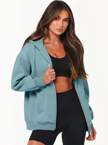 Miniatura 4 de ANRABESS Sudaderas con capucha y cremallera para mujer, de manga larga, sudaderas de gran tamaño, forro polar Y2K, con bolsillos, ropa de otoño