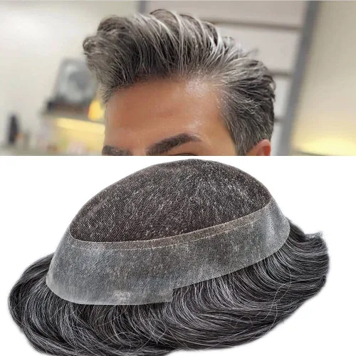 Miniatura 8 de Toupee para hombres, centro de encaje francés, extensiones de cabello humano, sistema de reemplazo de encaje con piel fina, prótesis de cabello gris