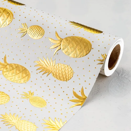 Flyhill - Rollo de papel kraft de piña en lata - 17 pulgadas X 33 pies - Diseño de papel de regalo con piña 3D en relieve metálico dorado para