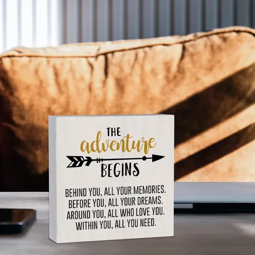 Miniatura 7 de mmiishe Letrero de madera con texto en inglés «The Adventure Begins», decoración de pared para acampar en el hogar, 5 x 5 pulgadas, diseño rústico