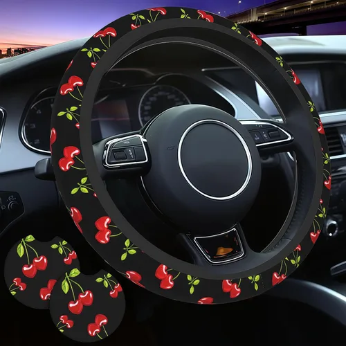 Miniatura 15 de Funda para volante de automóvil de 15 pulgadas y 2 posavasos de automóvil a cuadros Funda de volante a cuadros color negro marrón antideslizante