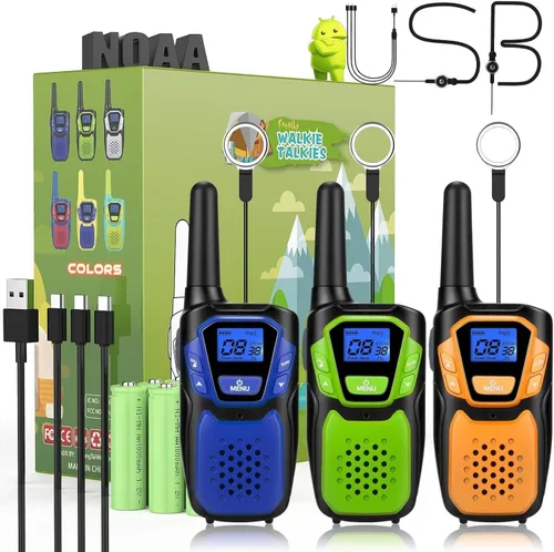 Topsung Walkie Talkies para Niños Recargables Walkie Talkie para Adultos de Largo Alcance FRS Radio de 2 Vías Paquete de 3 con Cordón, Batería NOAA
