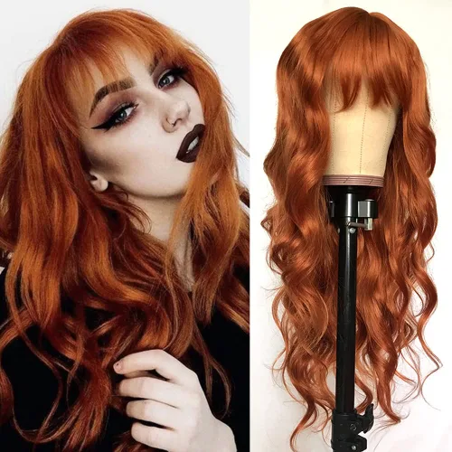 Miniatura 14 de QD-Tizer Pelucas sintéticas de color rubio ceniza con flequillo, pelucas de cabello largo y lacio, sin pegamento, pelucas sintéticas sin encaje