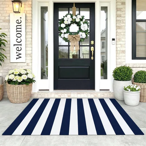 Miniatura 35 de KOZYFLY Alfombra a rayas blancas y negras de 2 x 3 pies, tejido de algodón, lavable, para interiores y exteriores, alfombra pequeña para puerta