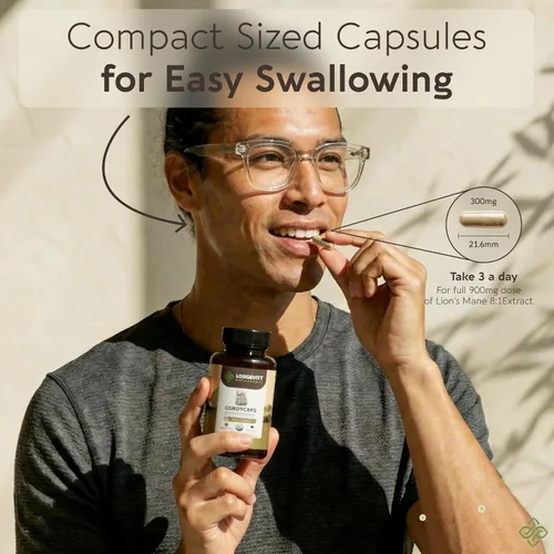 Miniatura 6 de Longevity Botanicals Cápsulas orgánicas de hongos Cordyceps Extracto de suplemento de 120 unidades Cuerpo fructífero Cordyceps Militaris ≥30%