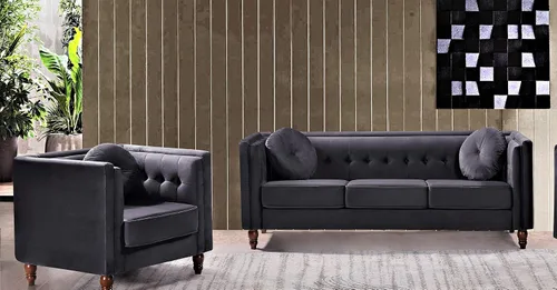 Container Furniture Direct Lexie Velvet Comfy Mid Century Couch Chesterfield - Juego de tres plazas para sala de estar, apartamento y oficina, juego