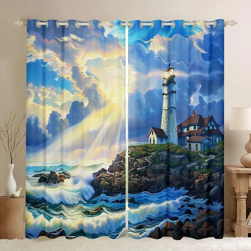 Miniatura 11 de Erosebridal Nautical Lighthouse Blackout Curtains 30-50% Navigation Theme Curtains for Women Men Watercolor Seascape Window Treatments Coastal Night