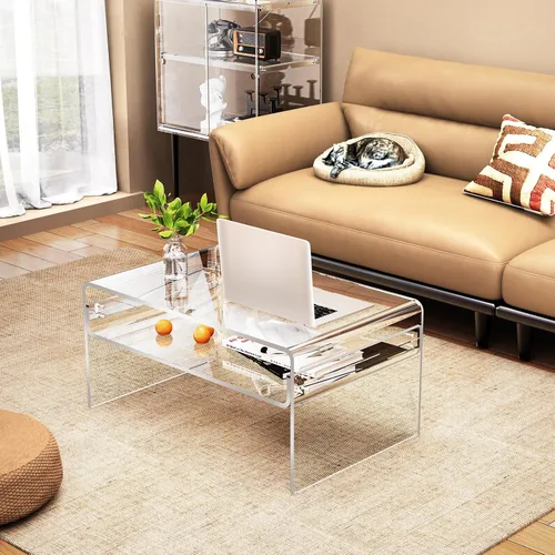 Miniatura 2 de Mesa de café acrílica para sala de estar con estante de almacenamiento abierto, mesa rectangular transparente de Lucite (1, Transparente, Normal)