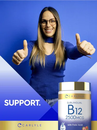 Miniatura 6 de Carlyle Vitamina B12 Sublingual 2500 mcg 250 tabletas de disolución rápida Suplemento de cianocobalamina con ácido fólico para adultos Sabor