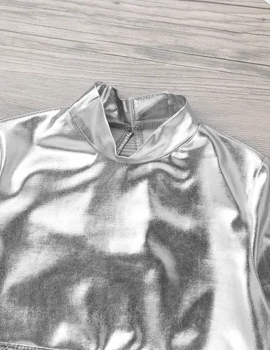 Miniatura 5 de TiaoBug Camiseta corta de manga larga con cuello alto falso para niñas y niñas, atlética, brillante, metálica, para danza, camiseta deportiva lisa
