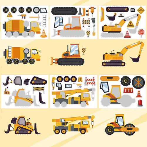 Miniatura 3 de 24 hojas de calcomanías de construcción para hacer una cara, calcomanías de juegos de fiesta de excavadora para mezclar y combinar, haz tus propias