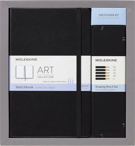 Moleskine Art - Kit de dibujo de la colección de Art, cuaderno de bocetos grande + juego de lápices de dibujo, grande, liso, negro, tapa dura (5 x