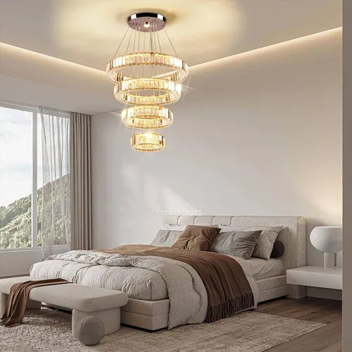 Miniatura 3 de Candelabro LED de 4 anillos para comedor, moderna lámpara de cristal colgante, lámparas de techo alto para dormitorio, sala de estar, comedor