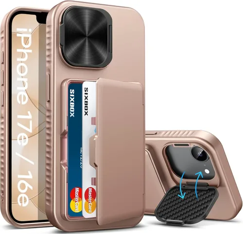 Miniatura 32 de Funda para iPhone 16e tipo cartera, soporte integrado, tarjetero y cubierta para lente de cámara, protección de cuerpo completo, resistente, Negro