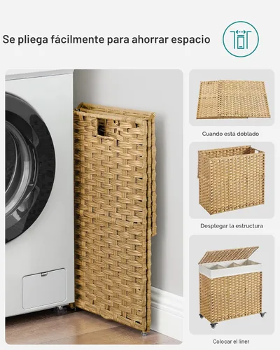 Miniatura 9 de SONGMICS Cesta de lavandería con tapa, 37 galones (140 L), canasta rodante para ropa con ruedas, 3 secciones de ratán sintético, forro extraíble