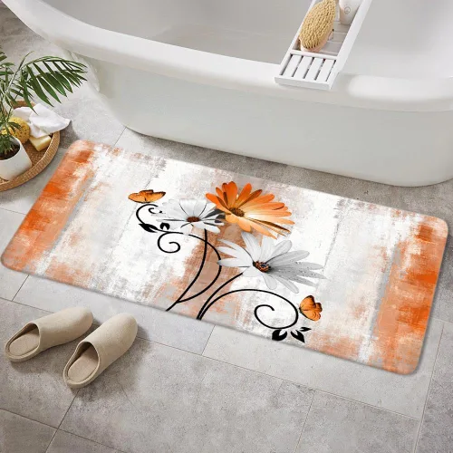 Miniatura 16 de Alfombra de Baño Rústica de Granja, Alfombra de Baño de Madera de Campo con Flores de Margaritas Moradas, Mariposas y Estilo Campestre, Alfombra