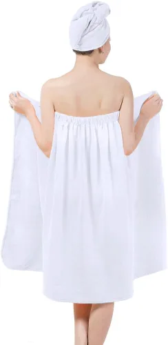 Miniatura 2 de FakeFace Juego de bata de baño de microfibra absorbente para mujer, bata de baño de rizo con gorro de secado para el pelo, gorro turbante