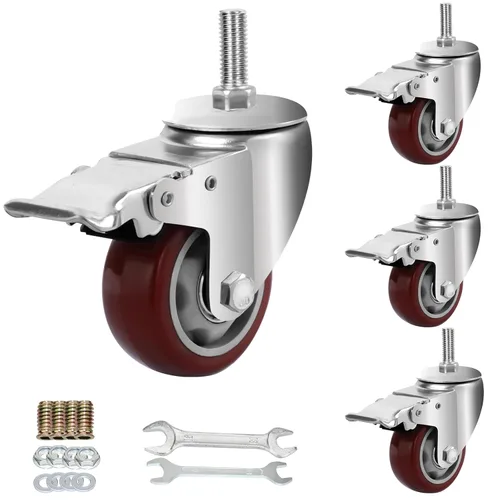 AOCHENLY Ruedas giratorias, ruedas resistentes M8-1.25x1-1/5, ruedas giratorias roscadas con frenos dobles, juego de 4 (M8-1.25x1-1-1/5, 3 pulgadas)