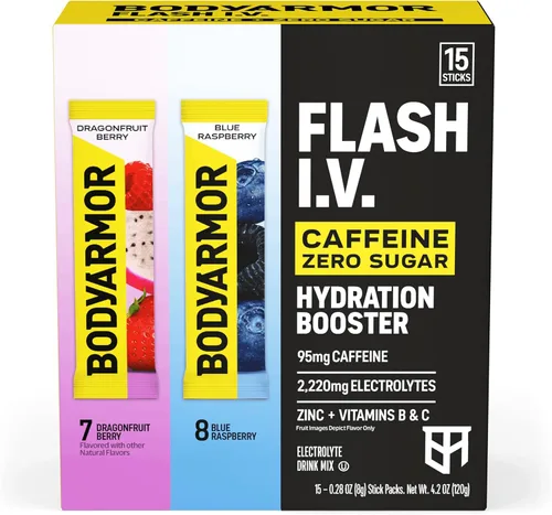 Miniatura 2 de BODYARMOR Paquetes de electrolitos Flash IV con cafeína, paquete variado de frambuesa azul y bayas de dragón, mezcla de bebida energética sin