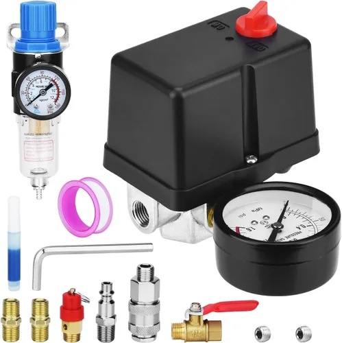 Miniatura 12 de Válvula de control universal del interruptor de presión del compresor de aire (90-120 PSI, 110V-240V) con regulador de 0-180 PSI y válvula de alivio