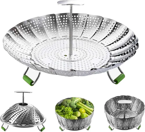 Miniatura 6 de Cesta de vapor, cesta de vapor vegetariana para cocinar de acero inoxidable plegable para verduras con mango central extraíble extensible extensible
