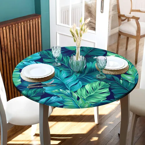Miniatura 5 de Round Fitted Tablecloth with Elastic Edge Indoor Outdoor Washable Reusable Table Cover for Kitchen Picnic Party Fits 36-40" Diameter Round Tables