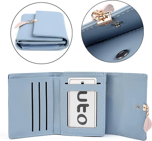 Miniatura 140 de UTO - Cartera pequeña RFID de piel sintética con dije de hoja, cierre de cremallera y tarjetero.