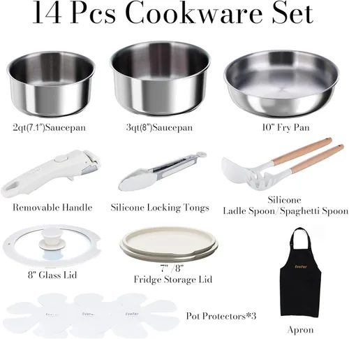 Miniatura 2 de Juego de 14 utensilios de cocina de acero inoxidable, juego de ollas y sartenes desmontables con mango extraíble, no tóxico, ahorro de espacio