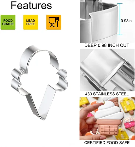 Miniatura 3 de Cortadores de galletas de helado, cono de helado de verano, moldes de galletas para pasteles de panadería, moldes de metal de acero inoxidable