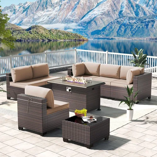 Miniatura 49 de Kullavik Juego de 13 muebles de patio al aire libre con mesa de fogata de gas propano de 43 pulgadas, 55000 BTU, mimbre de polietileno, sofá Arena