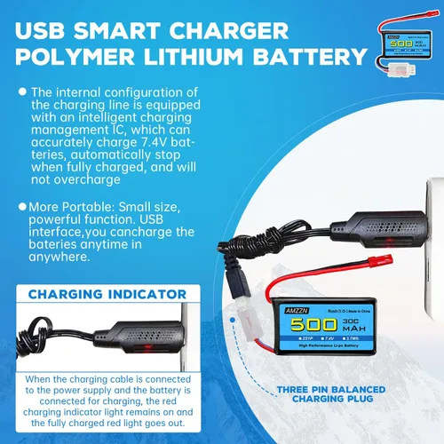 Miniatura 4 de 7.4V 500mAh 30C JST-2P Plug Lipo batería con USB para helicópteros controlados a distancia, cuadricópteros, autos de carreras micro FPV, drones