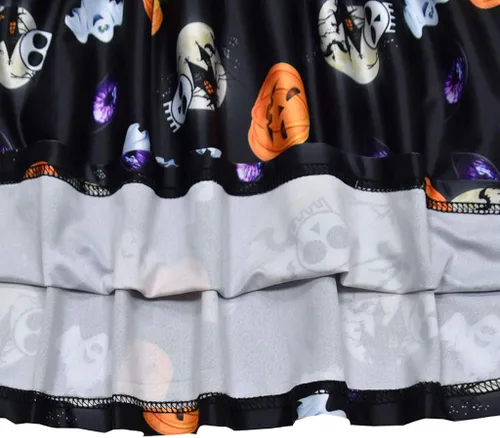 Miniatura 6 de Mini vestido de Halloween para niñas pequeñas, con volantes y manga corta, estampado de calabaza, acampanado, mini vestido de falda para otoño