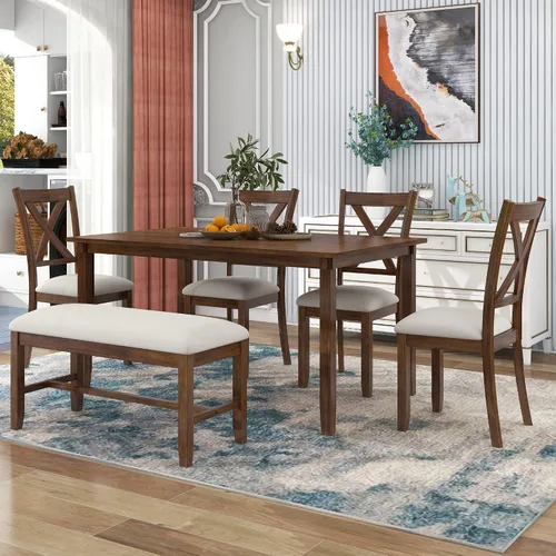 Miniatura 13 de Harper & Bright Designs Juego de mesa de comedor de 6 piezas, juego de mesa de comedor con mesa de comedor rectangular de madera, 4 sillas