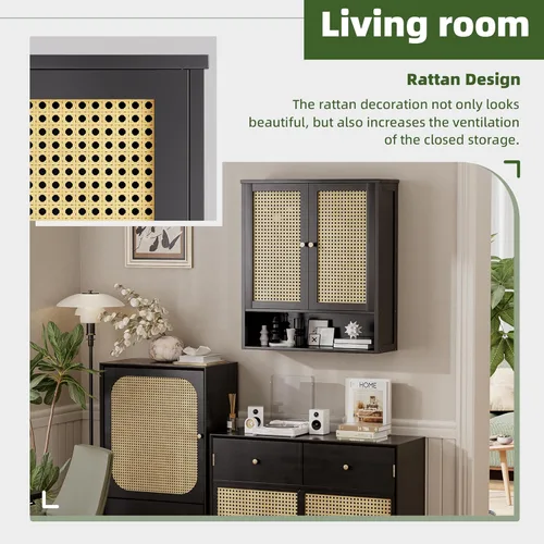 Miniatura 6 de Armario de pared de baño, organizador de almacenamiento de bambú sobre el inodoro con 2 puertas de ratán y estante ajustable, gabinete de medicina