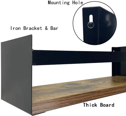 Miniatura 6 de Giftgarden Juego de 3 estantes flotantes negros para pared, estante de pared grueso industrial con soporte de riel de hierro para almacenamiento