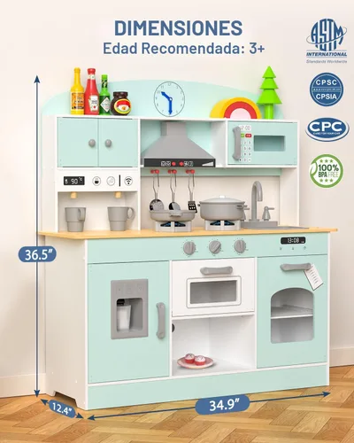 Miniatura 6 de Babytronic Juego de cocina de madera, cocina de simulación con luces y sonidos para niños de 3 años en adelante, incluye estufa, horno, microondas