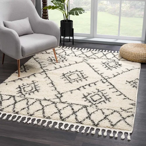 Miniatura 126 de Hauteloom, Duncans - Alfombra de estilo granja de pelo mullido para sala y dormitorio, con borlas - Beige, carbón, gris - 2 pies 7 pulgadas x 7 pies