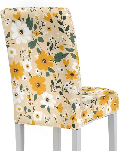 Miniatura 3 de HUGS IDEA Yellow Floral Chair Covers for Dining Room Set of 2 Flowers Kitchen Chair Covers Washable Dining Chairs Slipcovers Cubre Sillas