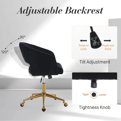 Miniatura 7 de Silla de escritorio giratoria para oficina en casa, moderna silla de escritorio de terciopelo, sillón de altura ajustable con base dorada, silla