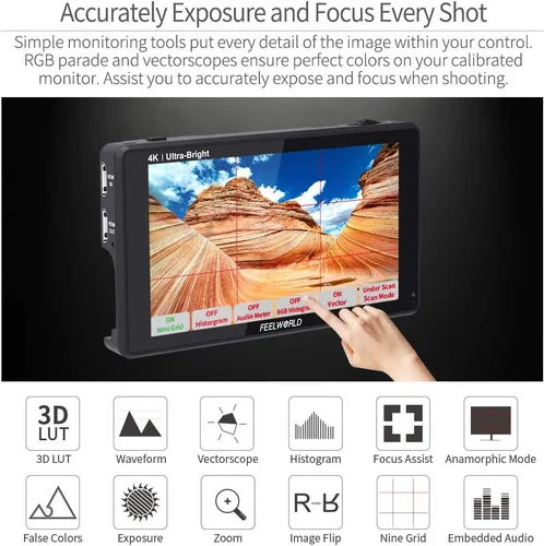 Miniatura 5 de FEELWORLD LUT6 6 pulgadas 2600nits HDR 3D LUT pantalla táctil DSLR Cámara Monitor de campo con forma de onda VectorScope histograma 4K entrada HDMI
