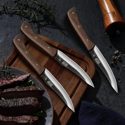 Miniatura 7 de HOSHANHO Juego de 6 cuchillos para carne, ultra afilados de 4.5 pulgadas, no dentados, de acero de alto carbono, forjados a mano con mango de madera