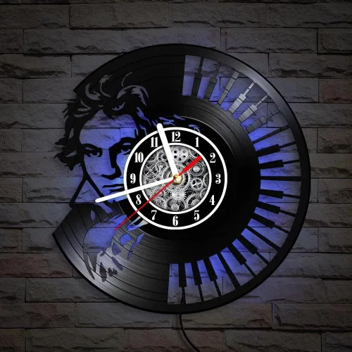 Miniatura 6 de The Geeky Days Ludwig Van Beethoven - Reloj de pared con disco de vinilo LED, 7 colores de luz, 12 pulgadas, teclado de piano de cuarzo silencioso
