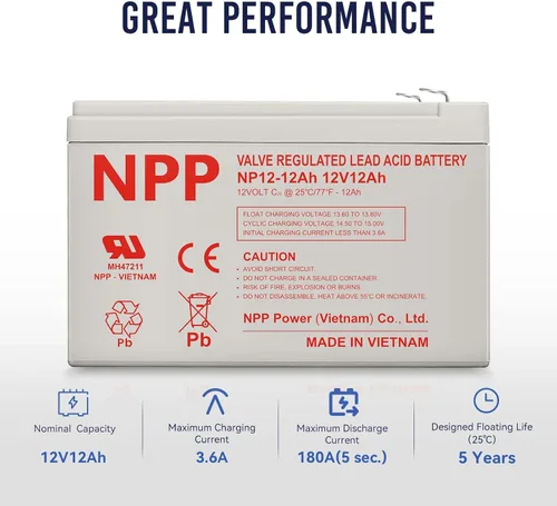 Miniatura 3 de NPP Batería AGM SLA recargable de 12 V 12 Ah con terminales F2 para UPS, sistema de seguridad, iluminación de emergencia, alarma de incendios