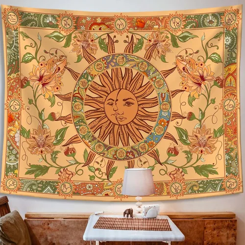 Miniatura 6 de Tapiz amarillo con sol y luna, vintage, bohemio, para colgar en la pared con girasoles, mariposa, polilla, constelación, tapices de pared